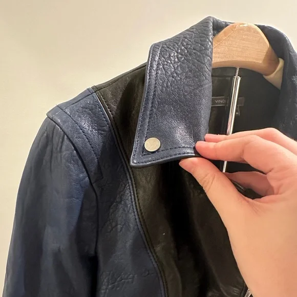 Vince Two-Tone Lamb Leather Moto Jacket - Black & Navy